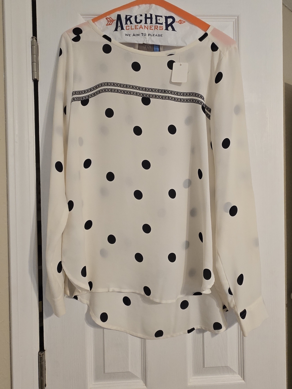 LOFT Cream Blouse with Black Polka Dots and Embroidered Yoke